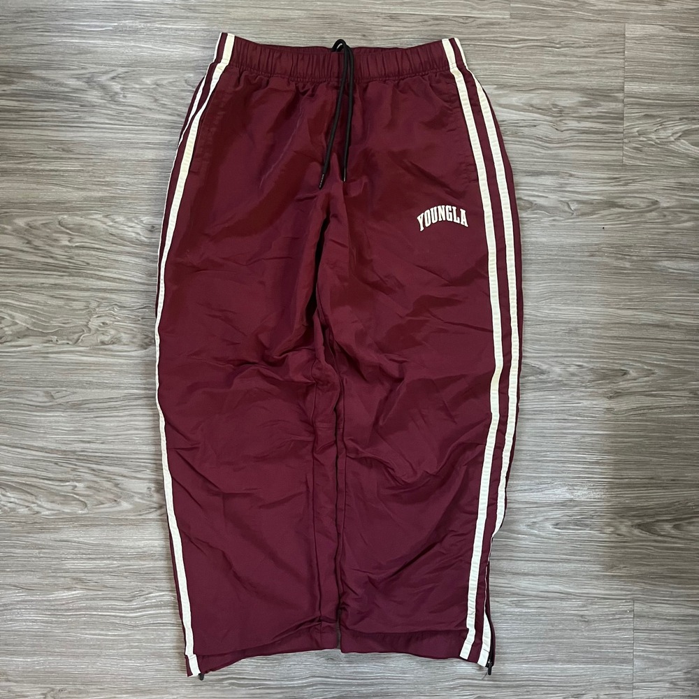 YoungLA 249 Track Pants Men Large Burgundy White Stripe Wide Leg YLA2887 Joggers